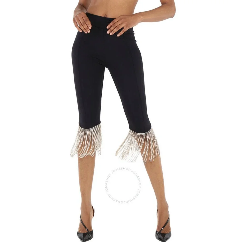 Burberry Charente Crystal Fringe Black Leggings M NEW Crop Stretch Jersey Pants